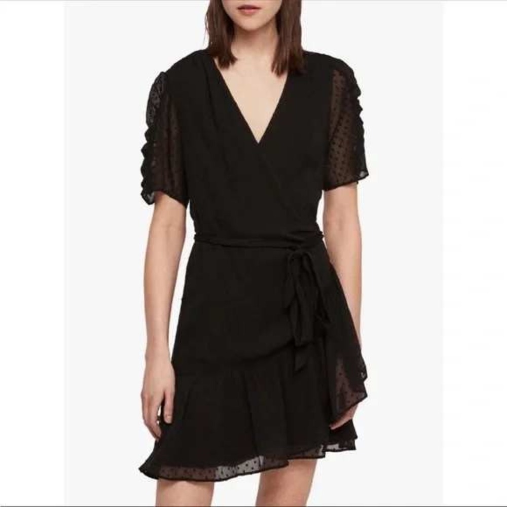 AllSaints Swiss Dot Wrap Dress Black Ruffle Hem Mini Short Sleeve Sz 0